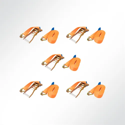5x Ratschen Zurrgurt Spanngurt Klauenhaken 8,85m 50mm orange - Set aus 5 robusten Zurrgurten mit einer Zugkraft von 5000 kg, ideal für sicheres Verzurren. Hergestellt nach DIN EN 12195-2, sicher und zuverlässig für den professionellen Einsatz.
