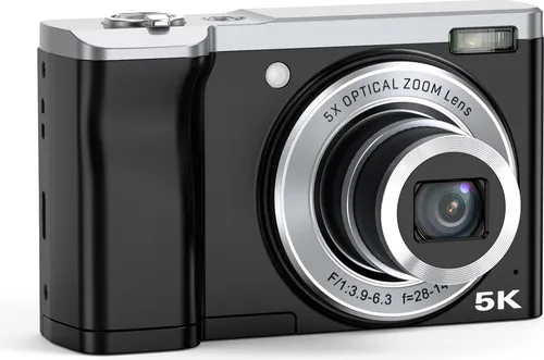 ZELURXX 5K HD Digitalkamera, Anti-Shake, Dual-Kamera, LED-Blitz, mit Trageband und Aufbewahrungstasche, Schwarz