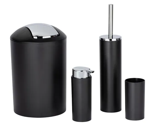 WENKO Badezimmer Zubehör Set Calvo 4-teilig - Badausstattung Set mit Seifenspender, Zahnputzbecher, Toilettenbürste und Kosmetikeimer in elegantem Schwarz mit Chromakzenten – ideal für ein modernes Badezimmer.