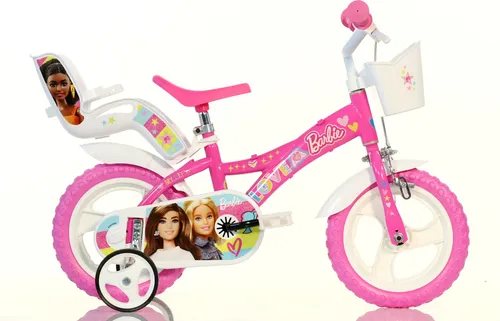 Barbie 12 Zoll Mädchenfahrrad - Rosa/Weiß - Kinderfahrrad für Radfahranfänger, mit abnehmbaren Seitenrädern für zusätzliche Stabilität und einem praktischen Fahrradkorb für Spielzeug. Ideal für Mädchen von 2 bis 4 Jahren!
