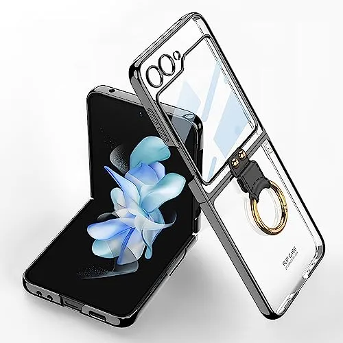 CeeEee Z Flip 5 5g Hülle mit Ring Ständer und Kleine Bildschirmschutz Transparent Schutzhülle für Samsung Galaxy Z Flip5 Dünn Handyhülle - Schwarz