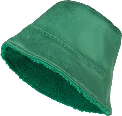 styleBREAKER Unisex Wende Fischerhut in Veloursleder Optik/Teddyfell, Warmer 2 in 1 Wendehut, Bucket Hat Herbst Winter 04025037, Farbe:Grün