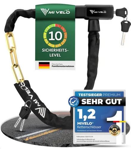 MIVELO Kettenschloss FAHRRADSCHLOSS mit Schlüssel 100 cm - Kettenschloss aus Vierkantstahl mit sicherem Safe-Secure Schließzylinder, ideal für Fahrräder, E-Bikes und E-Scooter. Robuste Nylonummantelung in Schwarz schützt vor Witterungseinflüssen.