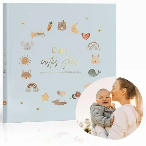 MeinBaby123® Babyalbum Dein erstes Jahr hochwertig vergoldet mit 136 Ausfüllseiten | Geschenk zur Geburt, Babygeschenke, | Babytagebuch zum ausfüllen für Meilensteine im 1. Lebensjahr (blau)