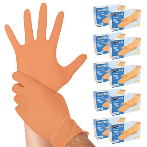 1000x Hygostar Einweghandschuhe Safe Light, Einmalhandschuhe Größe XL, reißfeste Nitrilhandschuhe, puderfrei, latexfreie Gummihandschuhe, Handschuhe Einweg, Orange in XS, S, M, L, XL & XXL