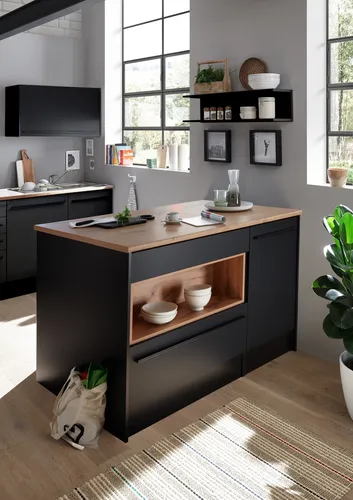 JAZZ Moderne Kücheninsel in Schwarz Matt mit Lanzelot Eiche Optik - Kücheninsel mit viel Stauraum und einer bequemen Arbeitshöhe von 90 cm. Ideal für effizientes Kochen und stilvolle Küchenintegration.