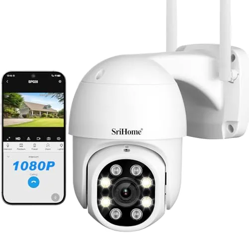 SriHome 1080P WiFi Überwachungskamera Outdoor - Überwachungskamera mit 355° Drehbereich, AI-Humanoid-Erkennung und Nachtsicht bis 20m. Ideal für Garten, Haus, Haustier- und Babyüberwachung.