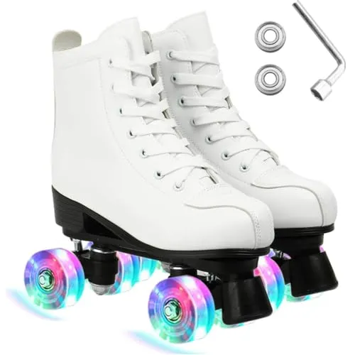 ERNAN Damen Klassische Retro Rollschuhe,Disco Roller,Classic Roller | Rollschuhe für Kinder und Erwachsene, komfortabl LED Rollerskates für Jugendliche und Anfänger.Mädchen. (White, 43)