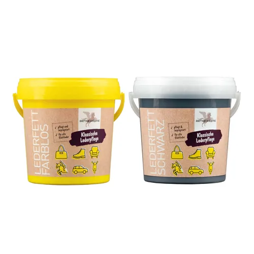 B & E Lederfett 2 x 1000 ml - schwarz + farblos - Schuhpflege, nährt und pflegt Leder schnell und effektiv – verlängert die Lebensdauer von Sattelzeug, Motorradbekleidung und Schuhen.