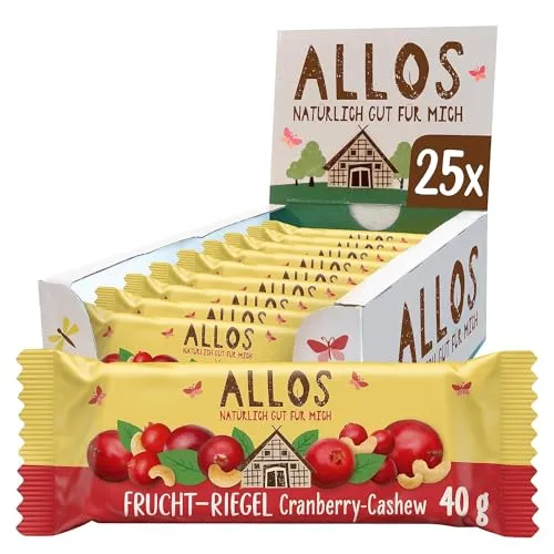 Allos Fruchtriegel Cranberry Cashew, Bio Riegel mit Datteln und Cashewnüssen, Energieriegel, Sportriegel, Snack für die Schule, Pause, Vegan, Glutenfrei, 25 x 40g