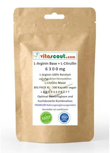 L-Arginin Base + L-Citrullin 6300 – 500 Kapseln VEGAN, Pflanzliches Arginin in Base-Form, 100% Reinheit – LABOGEPRÜFT, Optimales Mischungsverhältnis, Ohne Magnesiumstearat