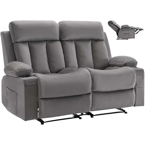 Produktbild VEVOR Loveseat Relaxsessel mit Wärmefunktion & Massage, elektrischer Massagesessel aus Samt, grau