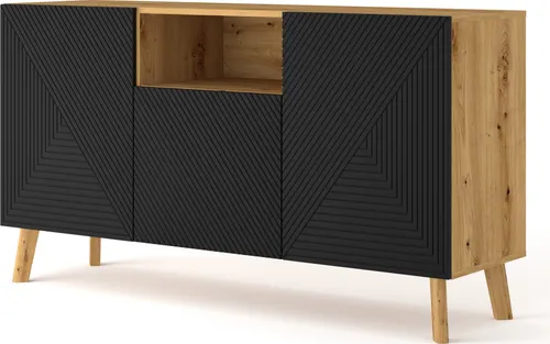 Kommode LUXI 3D 146 cm Artisan Oak / Schwarz Matt Sideboard Highboard Schrank mit gefräster fronten MDF mit offene Regale Büfett