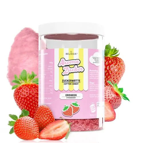 Belissia Aromazucker | 250g Zuckerwatte Zucker mit Erdbeer Geschmack | Intensiver Aromazucker für jede Zuckerwattemaschine | Geeignet für Dessert, Popcorn, Kratzeis, Slush, Cocktails uvm.