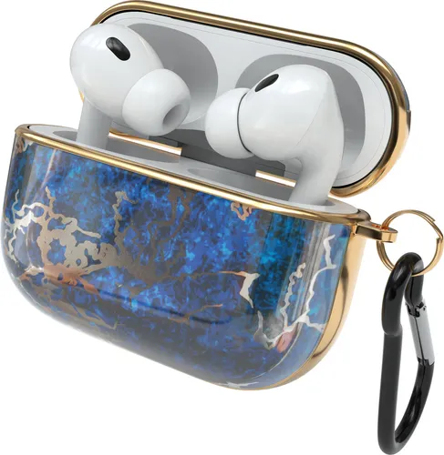 EAZY CASE - Schutzhülle für AirPods Pro 2 Hülle Blau Hard Case Stoßfest mit Karabiner geeignet als Schlüsselanhänger Antikratz Etui rutschfest Hardcase für Airpod Pro 2. Generation Dunkelblau Marmor