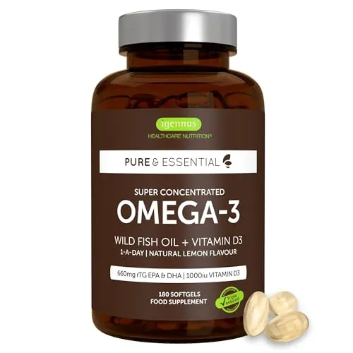 Igennus Hochwertigstes Omega-3 Wildfischöl + D3, rTG Triglycerid form 893mg, EPA & DHA Fettsäuren 660mg, 1x täglich, 180 Portionen, IFOS Zertifiziert, frei von Umweltgiften, Zitronengeschmack