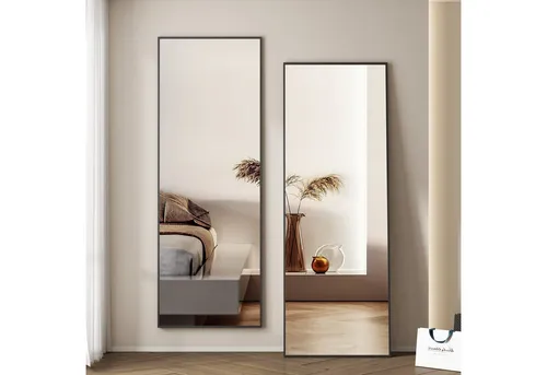 Boromal Ganzkörperspiegel Wand Schwarz mit Metall Rahmen Haken Wandspiegel Standspiegel groß Bad (Flurspiegel eckig, 150x50 160x40 140x40cm), mit explosionsgeschützte membran,Freistehend,Wand montierbar