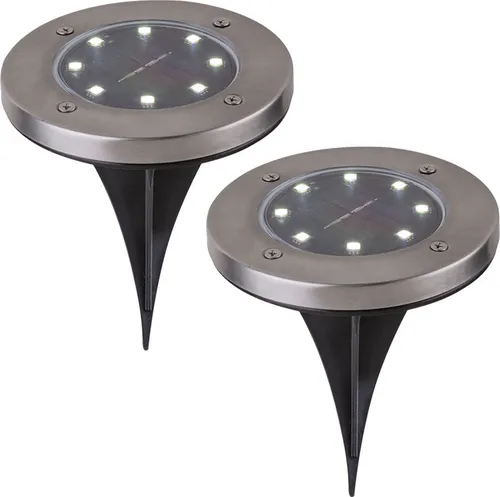 2er Set LED Solarleuchte, rund, Flach mit Erdspitz