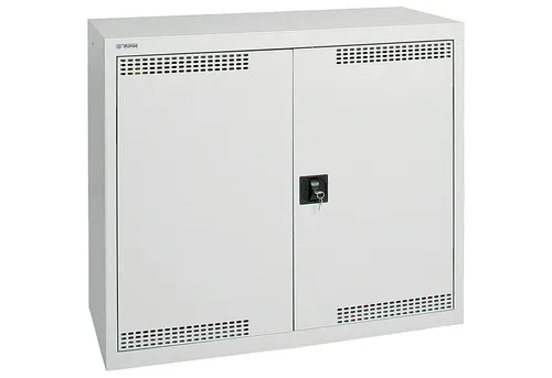 Umweltschrank H900xB1000xT500mm lichtgrau mit 2 Wannen - Werkstatteinrichtung mit 2 höhenverstellbaren Wannen, 22l Auffangvolumen, ideal für sichere Lagerung von gefährlichen Stoffen.