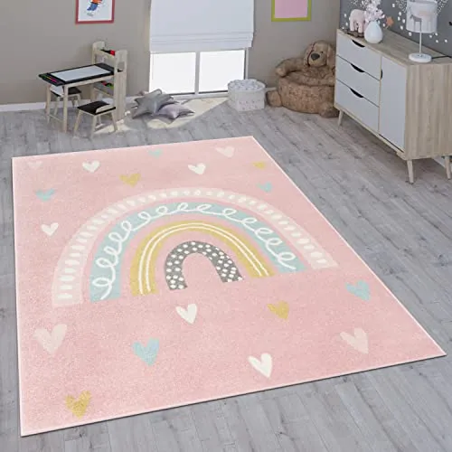 Paco Home Kinderteppich Rosa Weiß, rund 160 cm - Teppich fürs Kinderzimmer, schadstoffgeprüft und pflegeleicht, schafft eine fröhliche Atmosphäre für Kinder mit verschiedenen Motiven.