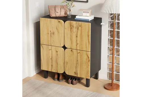 Okwish Schuhschrank in Schwarz, 4 Türen, 80x95x38.5 cm - Moderner Schuhschrank aus stabilen MDF mit 4 Soft-Close-Türen. Bietet großzügigen Stauraum und verstellbare Einlegeböden. Ideal für kleine Flure und sorgt für Ordnung in Ihrem Eingangsbereich.