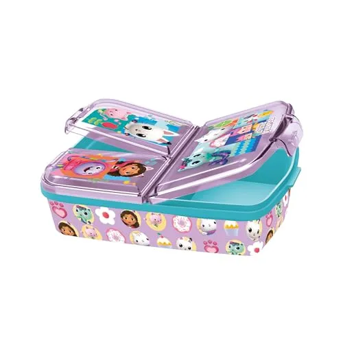 Gabbys Dollhouse Brotdose Kinder - Lunchbox mit 3 Fächern und Clip-Verschlüssen, Bento Snackbox für Kindergarten und Schule - Kunststoff Vesperdose, kompakt für Schulranzen und Rucksack