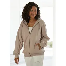 Kapuzensweatjacke von Lascana, taupe - Oberteile für gemütliche Loungewear, mit weicher, angerauter Innenfläche und praktischen seitlichen Taschen für höchsten Tragekomfort.