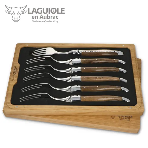 Laguiole en Aubrac Steakbesteck 62F99NOIH - 6 handgefertigte Gabeln mit Walnussholzgriff - Elegantes Steakbesteck-Set mit 6 Gabeln aus der Traditionsschmiede Laguiole en Aubrac. Handgefertigt mit kunstvoll verzierten Griffen aus Walnussholz. Ideal für genussvolle Steak-Momente.