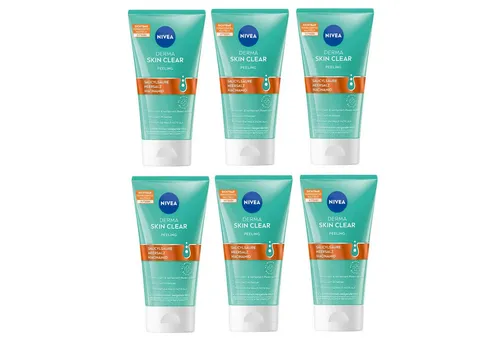 NIVEA Derma Skin Clear Peeling, 6 x 150ml, für klare Haut - Das NIVEA Derma Skin Clear Peeling entfernt sanft abgestorbene Hautzellen und verfeinert das Hautbild. Ideal für zu Unreinheiten neigende Haut, unterstützt es die tägliche Pflege und sorgt für ein frisches Hautgefühl.