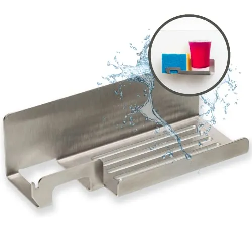 MM Steel Styles Spülbecken Organizer – Edelstahl Utensilienhalter Küche/Spüle Organizer – Selbstklebend mit Spüllappen Halterung– Made in Germany