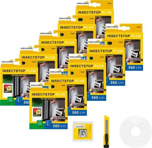Schellenberg 10er Pack Befestigungsband-Set für Fliegengitter, selbstklebend, 5,6 m - Praktisches Montagezubehör für Fliegengitter aus Polyester, einfach anzubringen ohne Bohren. Das Set enthält ein selbstklebendes Band, ein Cuttermesser und ein Reinigungstuch – ideal für Mieter!