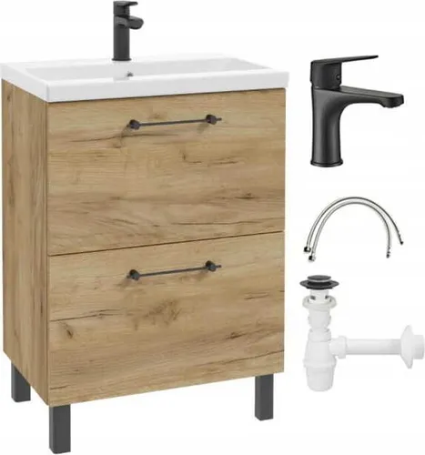 Badezimmerschrank mit Waschbecken, Wasserhahn und Siphon 60x80cm Standing Oak Craft Cassandra