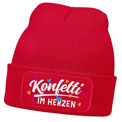 MoonWorks® Damen Beanie mit Patch Strickmütze mit Spruch Fasching Karneval Party Konfetti im Herzen Damenmütze Rot Unisize