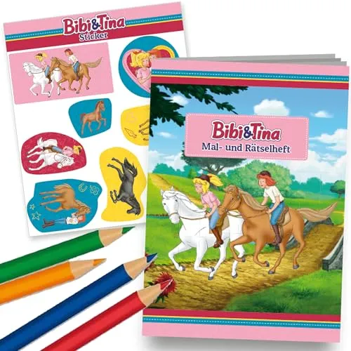 Mitgebsel-Set * BIBI & TINA * mit Mal- und Rätselheft, 8 Sticker und 4 Buntstiften | perfekt als Mitgebsel oder Geschenk | Malbuch Malen Malblock Kinder Pferde Ponys Ponyhof Mädchen