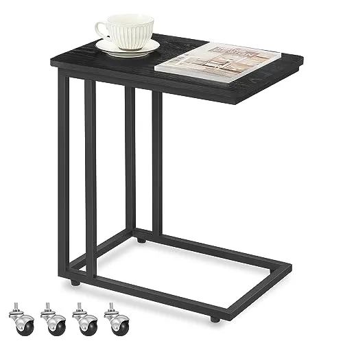 VASAGLE Beistelltisch mit Rollen - Mobiler C-Form Kaffeetisch in Ebenholzschwarz - Beistelltische fürs Wohnzimmer, elegantes Design mit stabiler Ablage und 4 Rollen für einfache Mobilität – ideal für Kaffee und Laptop.