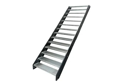 Kaminbau Mierzwa Außentreppe Stahltreppe 14 Stufen verzinkt - Wetterfeste Außentreppe mit 14 Gitterroststufen, wahlweise mit Geländer. Ideal für Garten, Balkon oder Terrasse. Robust und einfach montierbar, passend für Geschosshöhen bis 266 cm.