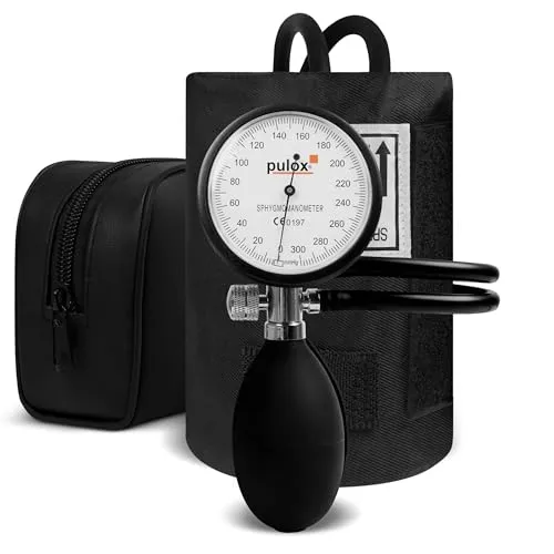 Pulox Manuelles Blutdruckmessgerät - Aneroid Sphygmomanometer für Oberarmmessung - Praktisches Blutdruckmessgerät für die einfache Messung am Oberarm, ideal für Zuhause und unterwegs. Robuste Bauweise ohne Strombedarf, inklusive Reißverschlusstasche.