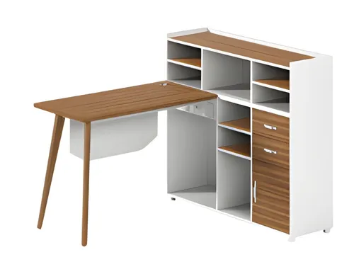 Moderner Schreibtisch aus Holz und Weiß mit Stauraum - Eleganter Schreibtisch mit offenen Fächern für optimalen Stauraum. Maße: 160 x 140 x 105 cm, perfekt für Ihr Arbeitszimmer. Hergestellt aus robustem Massivholz, bietet er einen modernen Look.