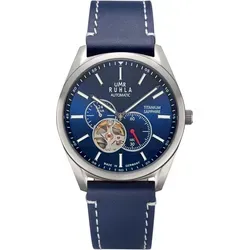 UMR RUHLA Herren Armbanduhr Automatik - Elegante Herren-Armbanduhr mit mechanischem Aufzug, blauem Lederarmband und Titangehäuse, wasserdicht bis 5 bar - vereint präzise Technik mit modernem Design.