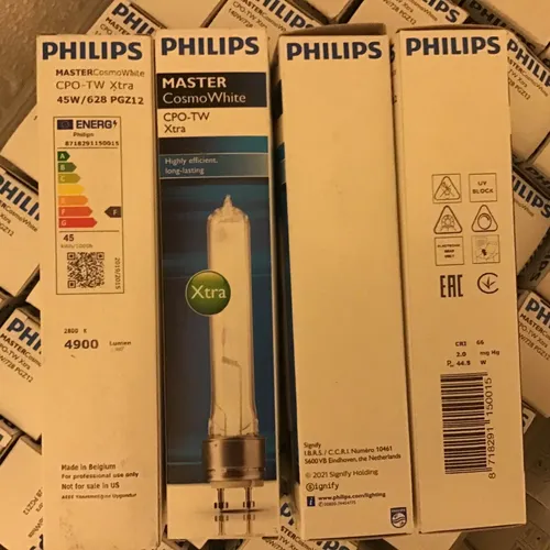 PHILIPS Cosmopolis 628 45W Lampe - Leuchtmittel mit 45 Watt, ideal für moderne Beleuchtung. Diese Entladungslampe bietet ein warmes Licht bei 2800K und ist energieeffizient.