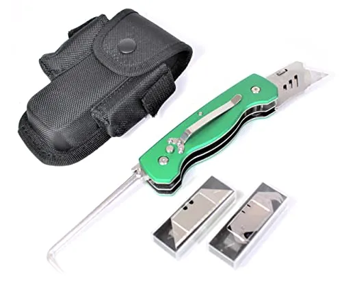 Klapp-Messer + Nahtprüfer Teppichmesser mit Gürtel-Tasche - Praktisches Cuttermesser-Set mit ergonomischem Handgriff, inkl. 10 Klingen und Nahtprüfer. Ideal für Dachdecker, mit zusätzlichem Gürtelclip für einfache Handhabung.