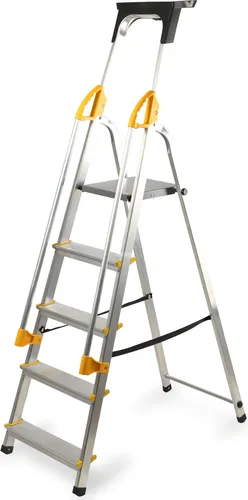 KADAX Aluleiter 5 Stufen - Klappbare Trittleiter mit Handlauf, bis 150 kg belastbar - Leitern mit Antirutsch-Füßen und praktischem Fach für Werkzeuge, ideal für Renovierungen und hohe Regale, sicher und stabil.