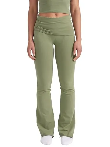 Style & Republic Damen Flared Leggings aus weicher Baumwolle – Umklappbare Yogahose mit Klappbund, Bootcut-Style, lässig & bequem mit weitem Bein, Schlaghose, Olive, M