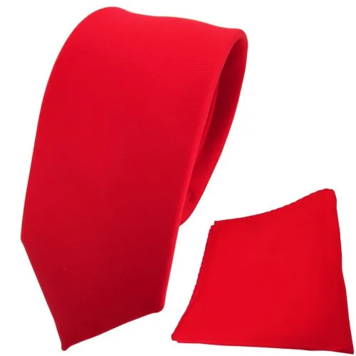 TigerTie schmale Designer Krawatte + Einstecktuch rot verkehrsrot knallrot einfarbig