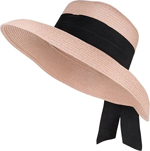 styleBREAKER Damen Sonnenhut Papierstroh Breites Hut Zierband, Altrose