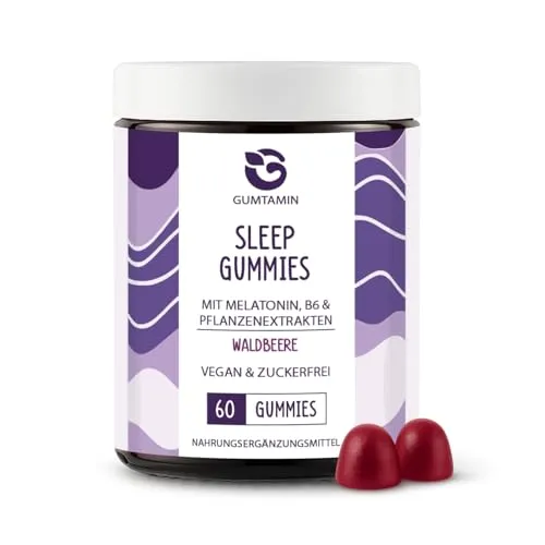 Gumtamin Sleep Melatonin Gummies – Melatonin Gummibärchen für Erwachsene – Nahrungsergänzungsmittel mit Vitamin B6 & Pflanzenextrakten – Waldfrucht – 60 Gummies