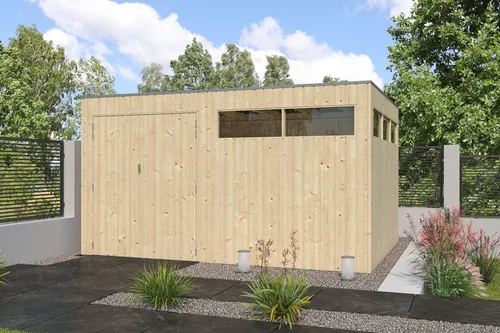 Gartenhaus Modell QBV-Line 11,89 m² - Modernes Gartenhaus mit 26 mm starken Wänden aus nordischer Fichte. Wetterfestes Dach mit EPDM-Folie und massiven Doppeltüren. Ideal für Gartenliebhaber, die Wert auf Qualität und Design legen.