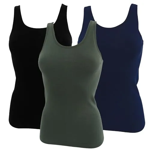 HERMKO 1310 3er Pack Damen Basic Tank Tops - 100% Bio-Baumwolle in Feinripp - Langlebig und Formbeständig - Ideales Unterhemd für jeden Look, Größe:44/46 (L), Farbe:Mix s/m/o