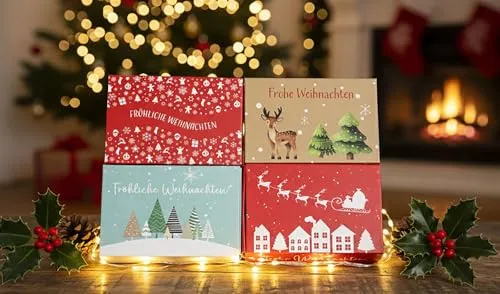 KAMACA 4er Set Geschenkschachtel für Geldgeschenke kleine Geschenke Präsente Geschenkverpackung Geld mit Weihnachtsmotiv stabile Box mit Wunscherfüller Umschlag (4er Set Geldgeschenkbox Weihnachten)