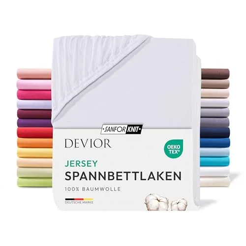Devior Jersey Spannbettlaken 140x200cm - 160x200cm, 100% Baumwolle, Matratzenhöhe bis 22cm, Weiß – 135 g/m² Anti-Statisches, atmungsaktives Bettlaken mit Einlaufschutz, Matratzenbezug Weiß